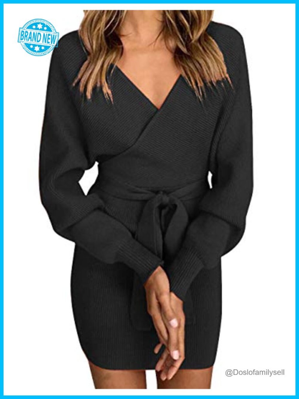 Deep V-Neck Batwing Sleeve Backless Bodycon Sweater Dress with Belt